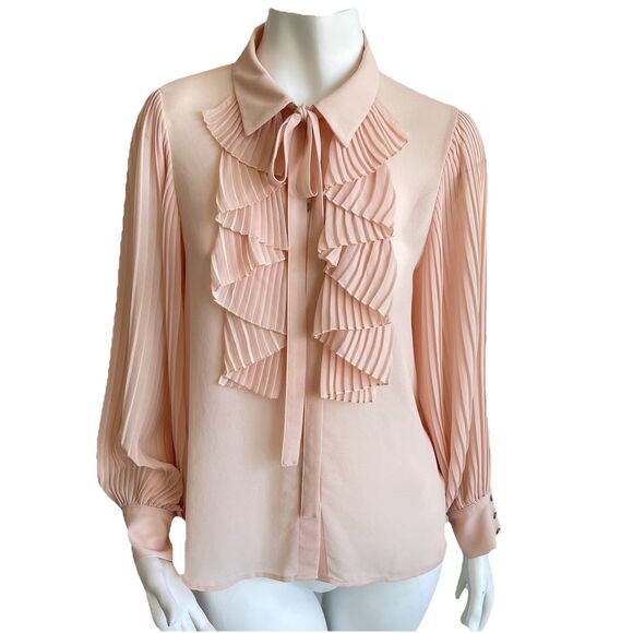 Zara Tie Neck Ruffle Balloon Sleeves Sheer Button Front Shirt Blouse Top Small - Picture 1 of 16